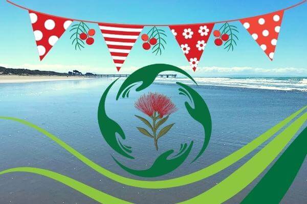 Buildign on Basics Christmas Holiday image of a beach with christmas bunting and our logo around a pohutukawa flower